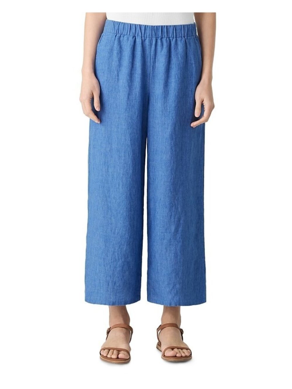 Eileen Fisher Washed Linen Delave Wide Leg 100% LINEN Pants Blue Size L $188